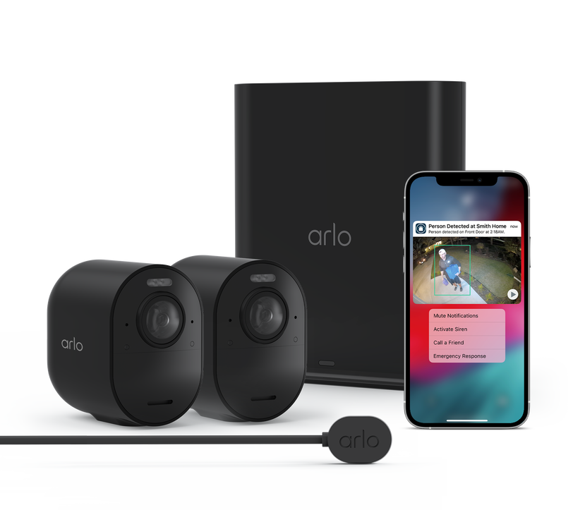 Arlo Secure Annual Plan + Ultra 2 - 2 Camera Kit + Outdoor Charging Cable, in black, facing right